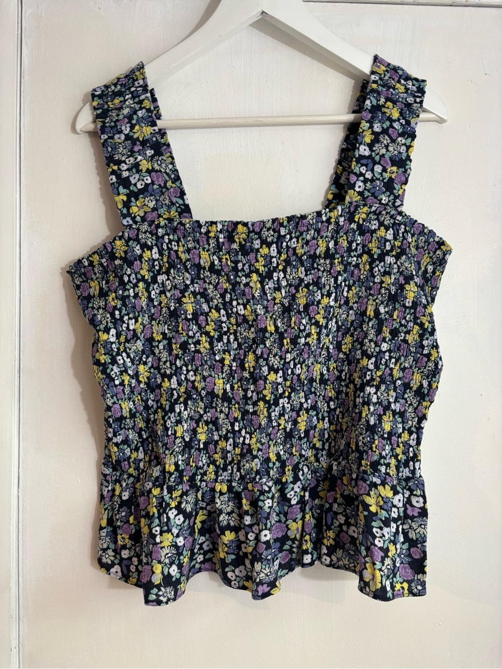 LC Lauren Conrad Navy Blue Floral Smocked Tank with green Yellow  Purple Accents